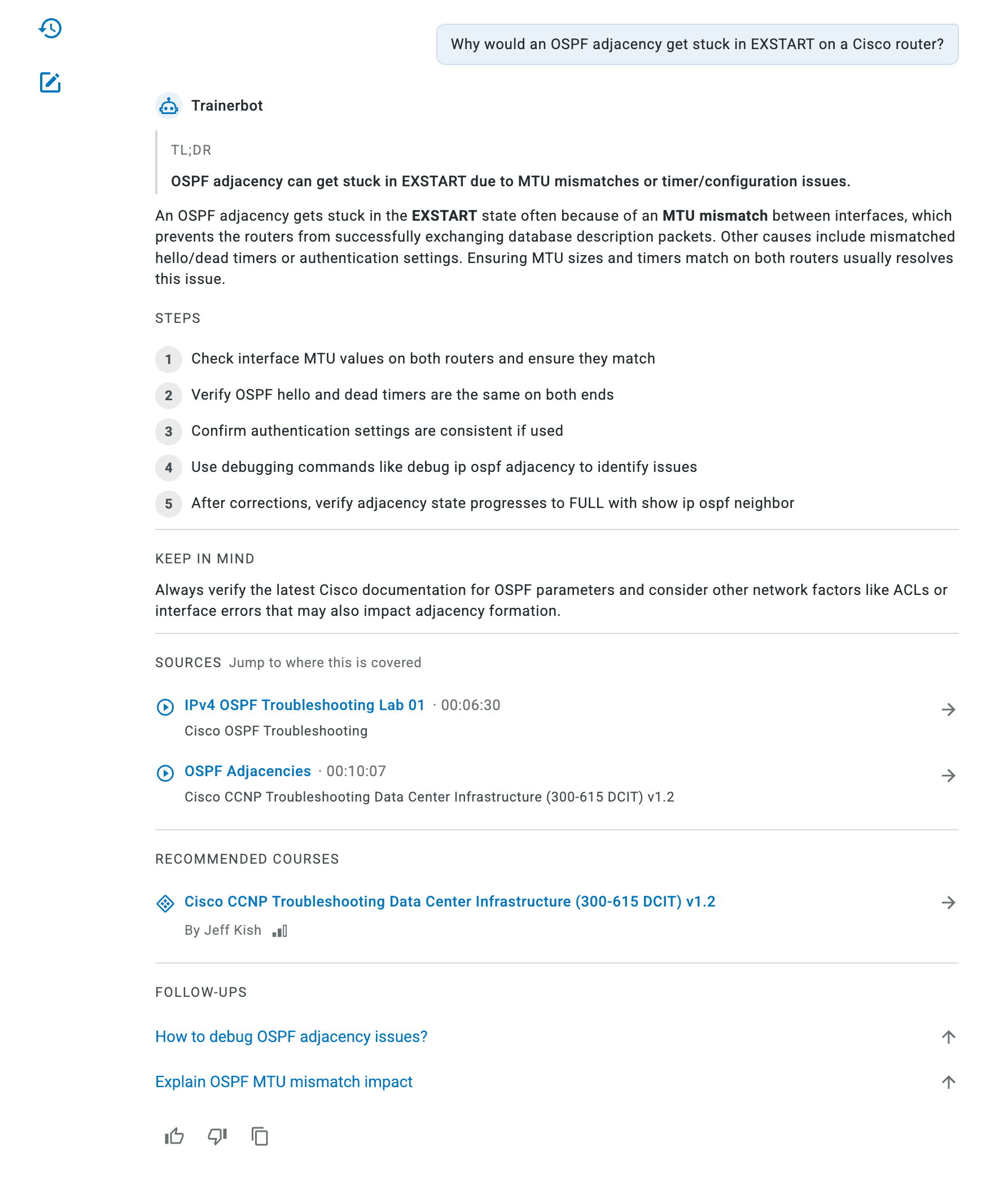 IT Trainerbot answering why an OSPF adjacency gets stuck in EXSTART: a TL;DR, five troubleshooting steps, timestamped video sources, and a recommended course