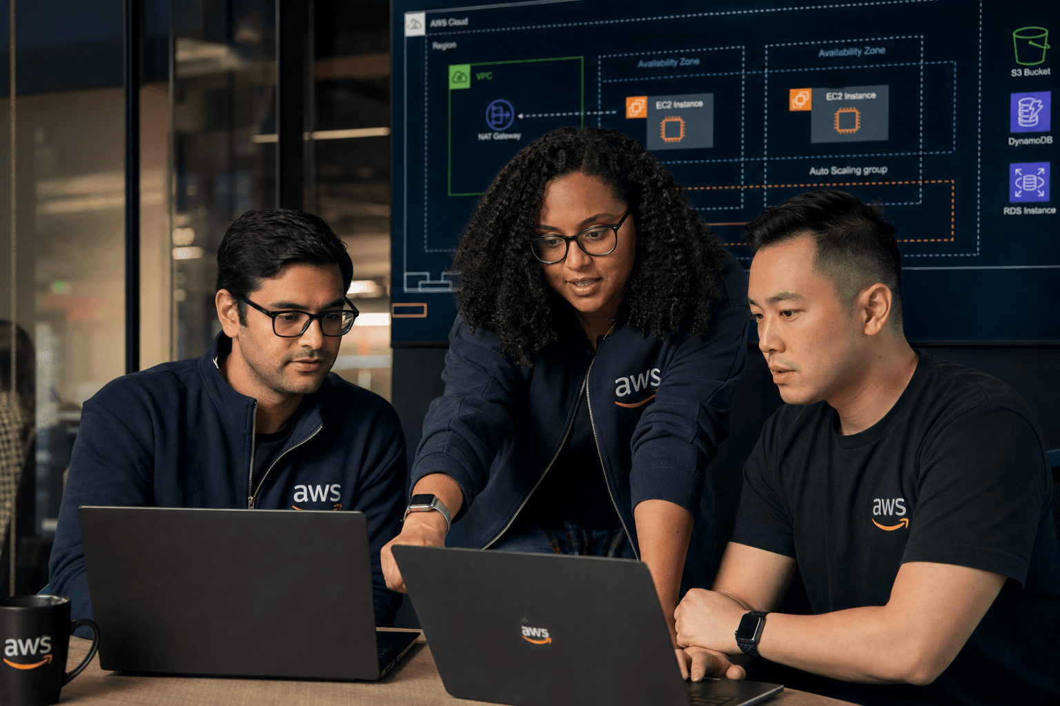 AWS cloud engineering team reviewing architecture diagrams together