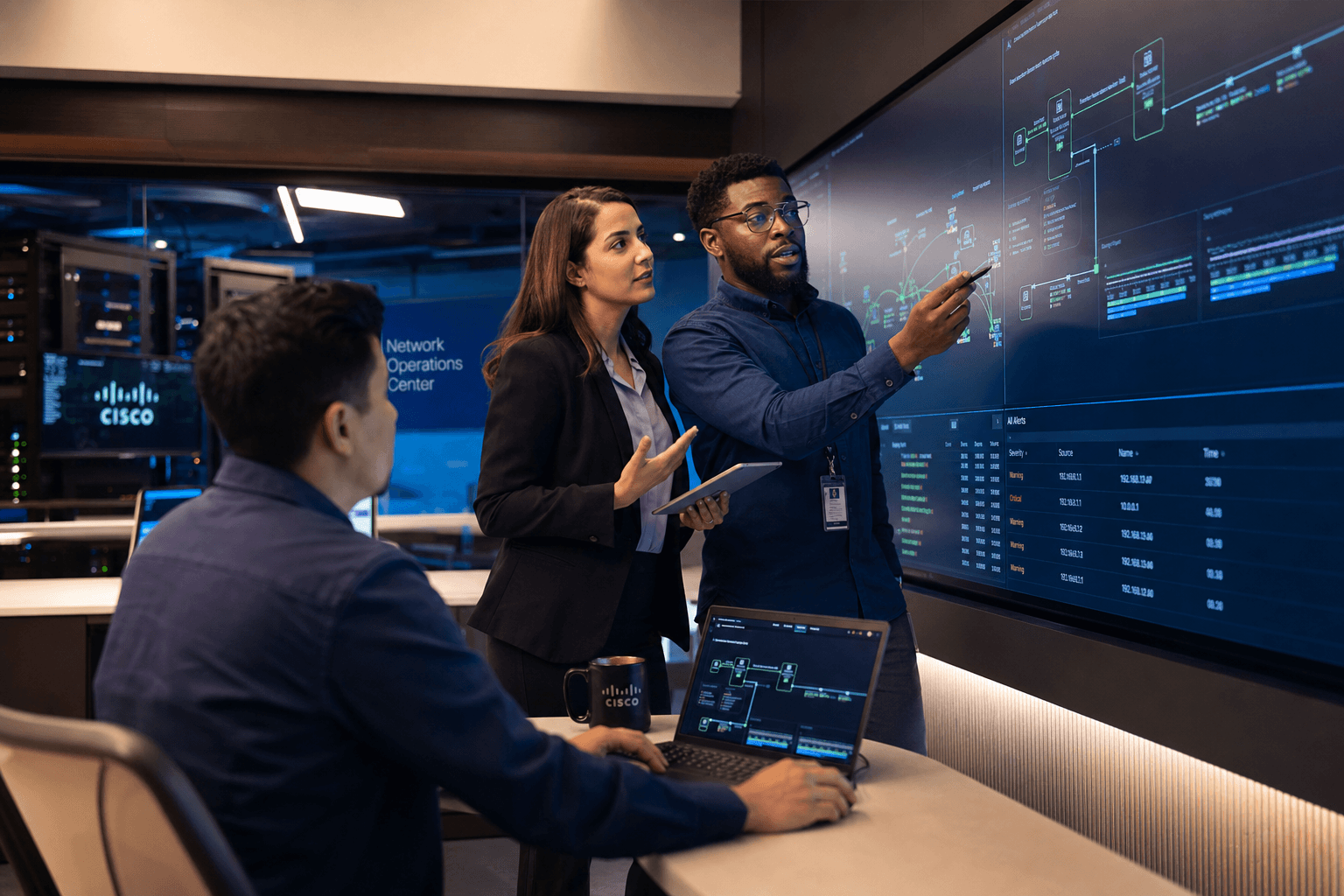 Network operations team reviewing Cisco routing topology on a wall display