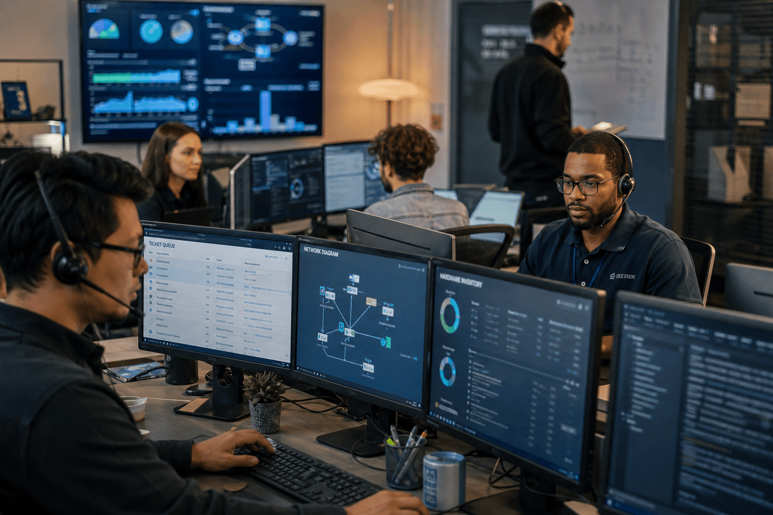 IT operations team at help desk workstations with ticket queues and network diagrams