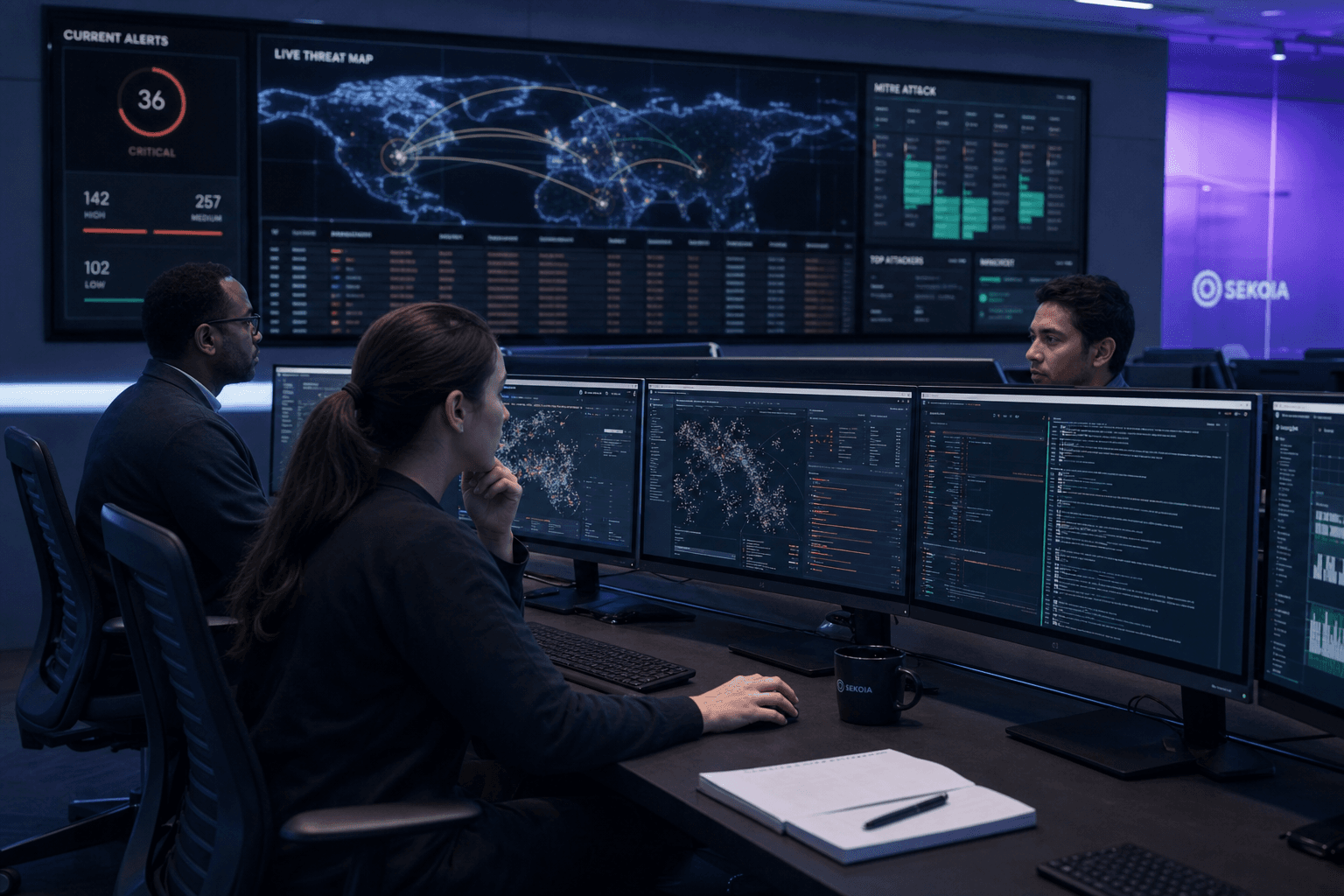 Security operations center analysts monitoring threat dashboards