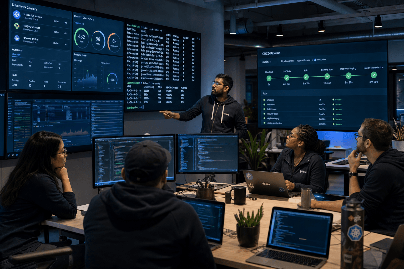 Platform engineering team reviewing Kubernetes dashboards and CI/CD pipelines