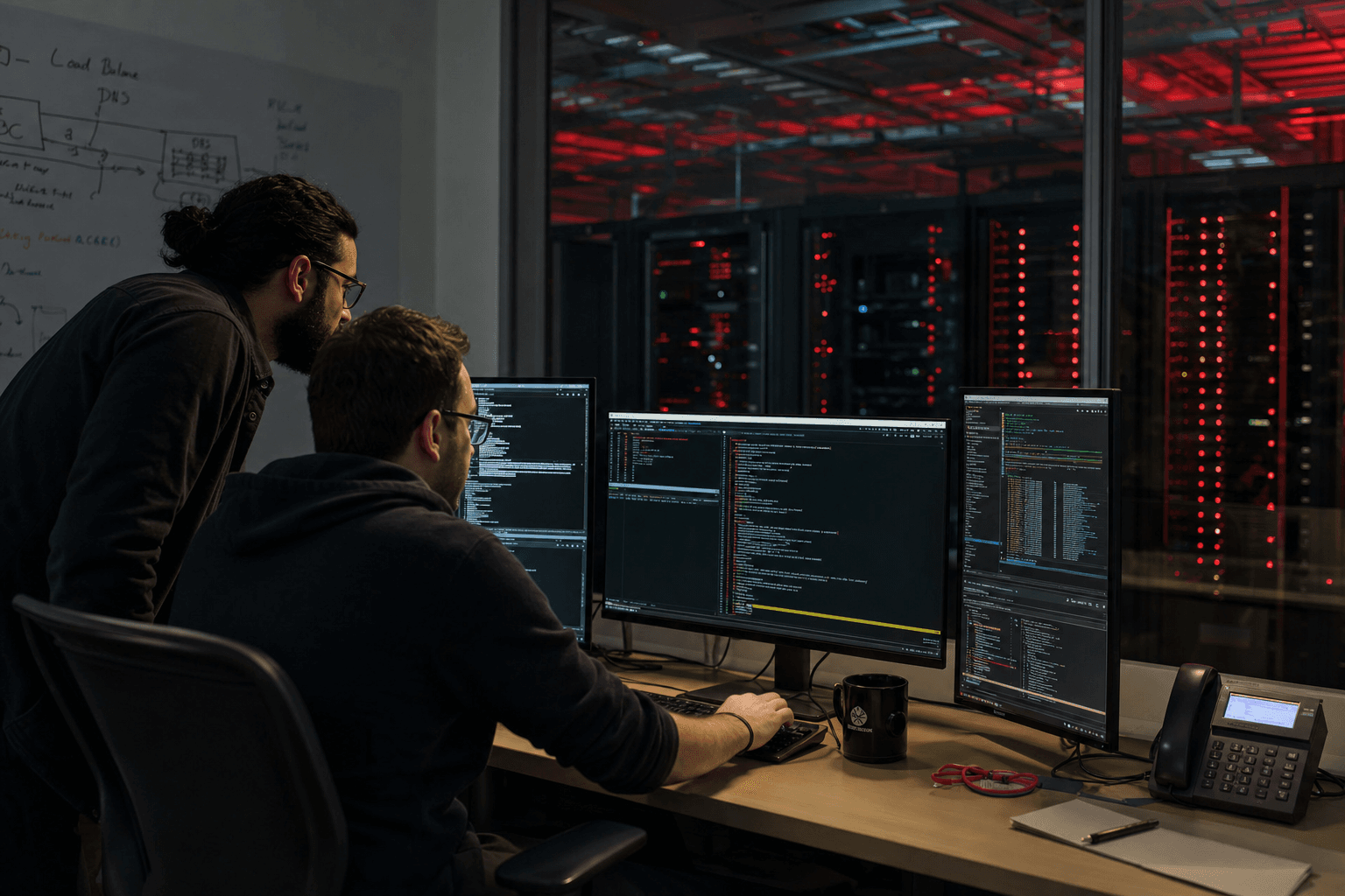 Linux systems administrators reviewing terminal output beside server racks