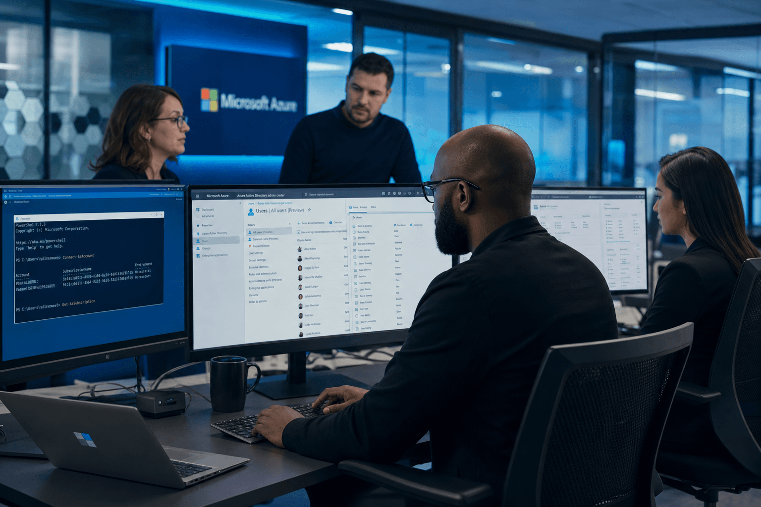 Microsoft Azure / 365 admin team at workstations with PowerShell and identity consoles