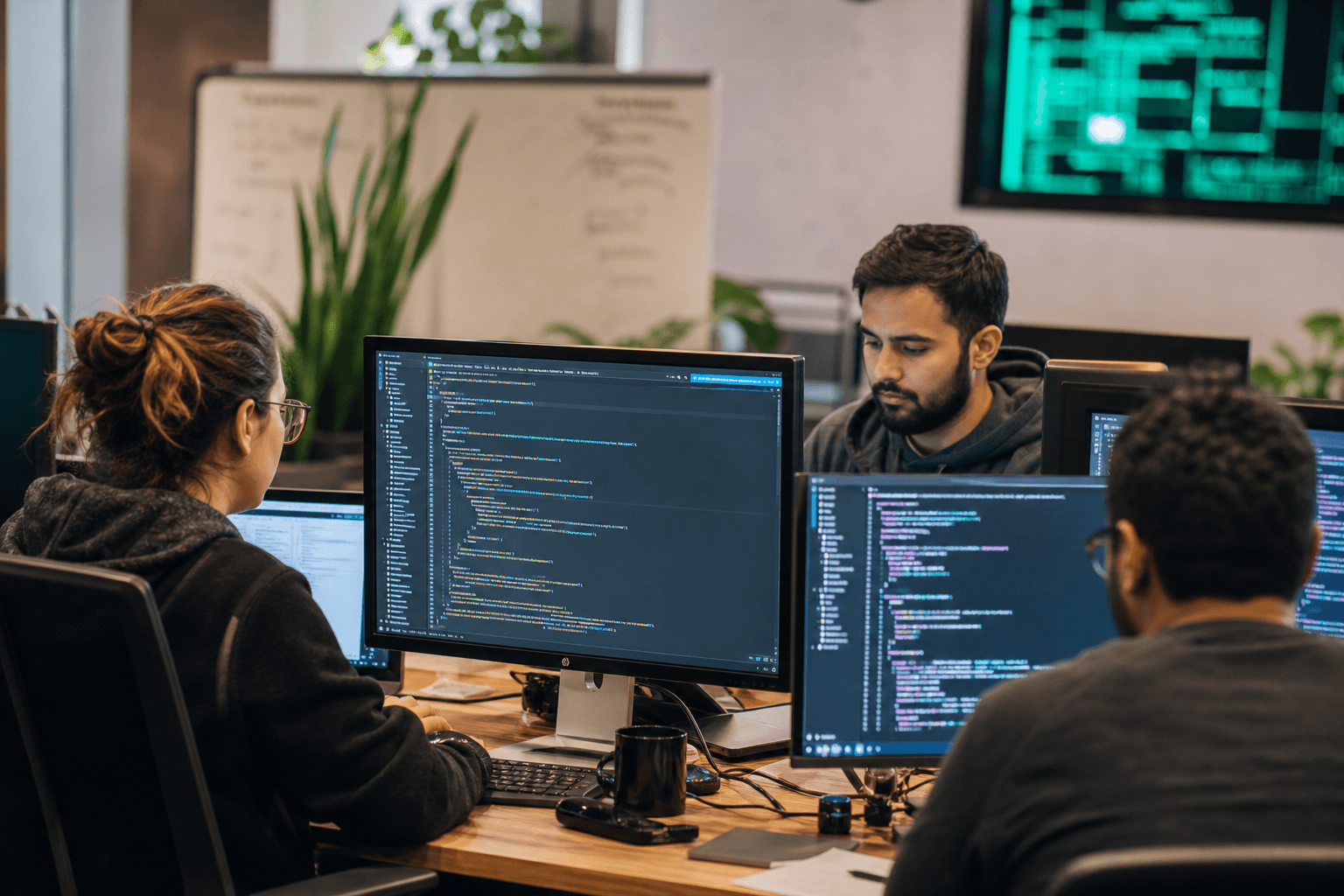 Software development team at coding workstations