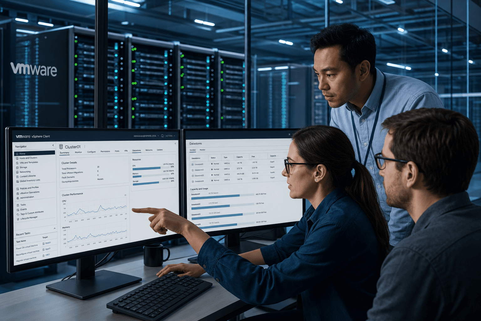 Data center virtualization team reviewing VMware vSphere management interface