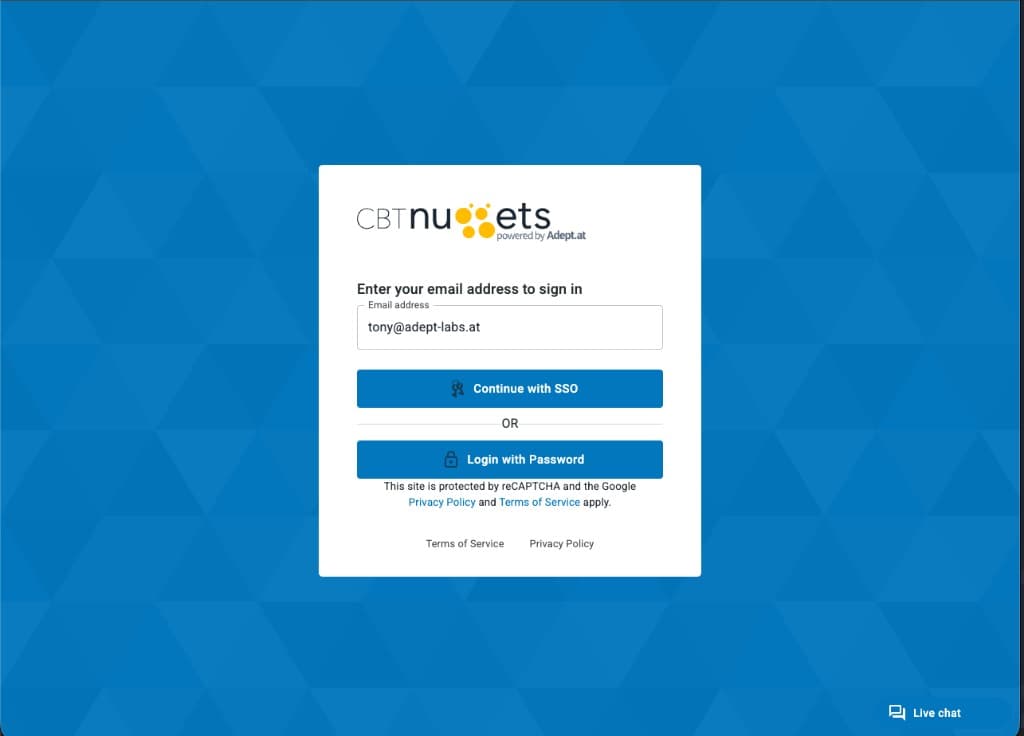 CBT Nuggets login screen with a Continue with SSO button