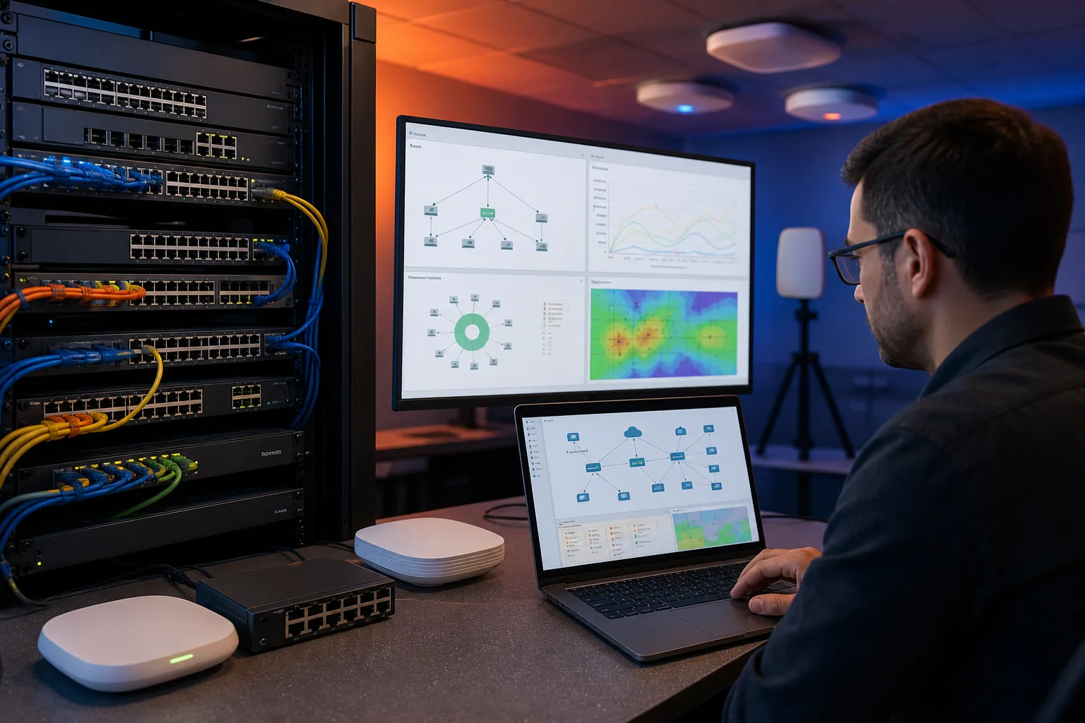 Network engineer practicing switching and wireless troubleshooting in a hands-on lab