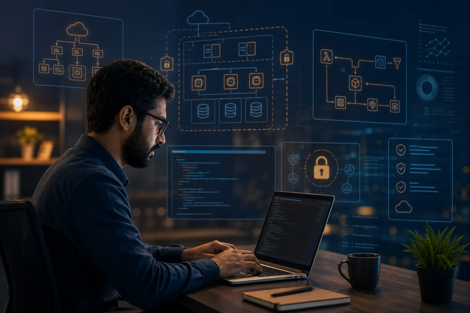 Cloud engineer working in a hands-on virtual lab environment with teammates collaborating