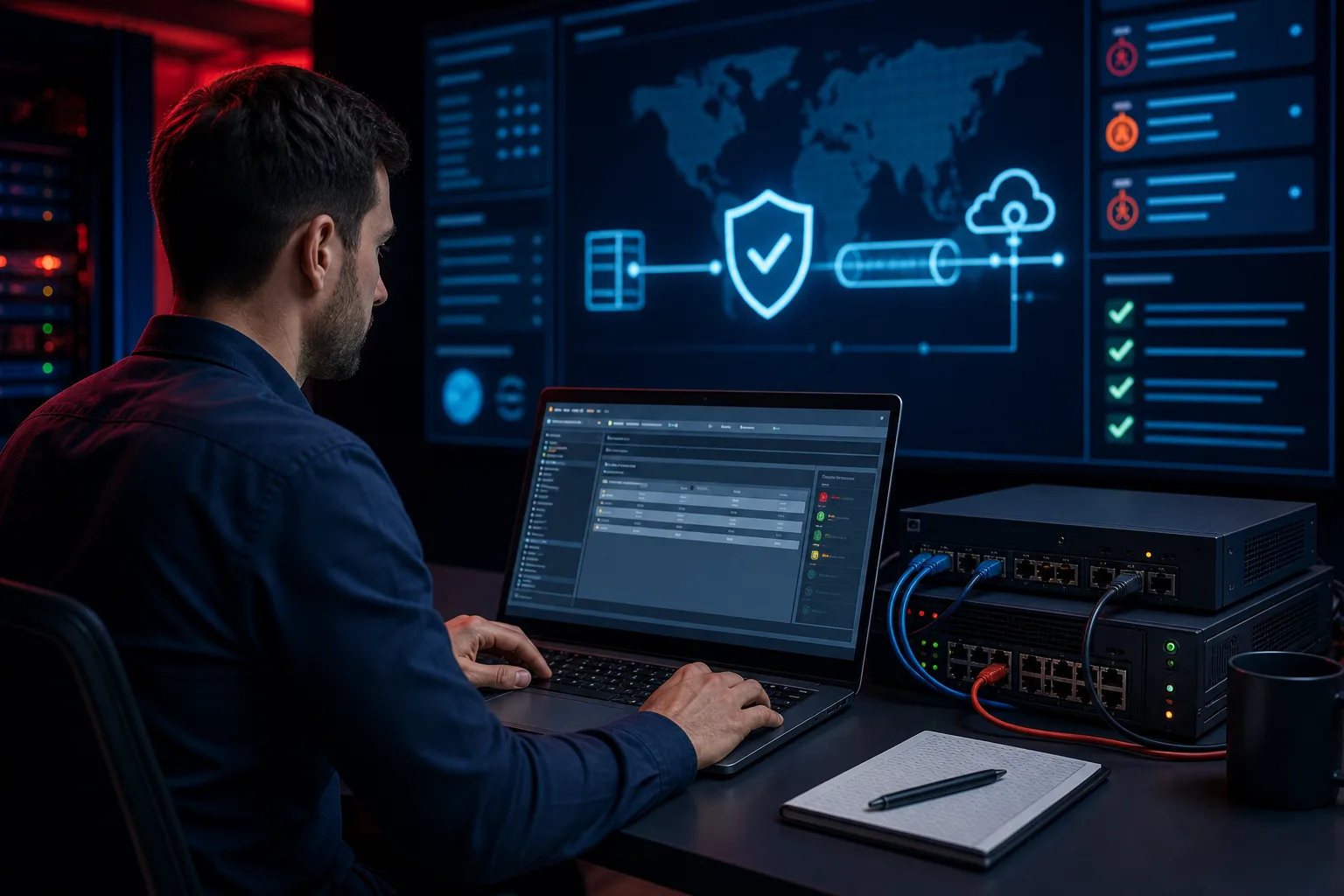 Security engineer practicing firewall policy administration in a hands-on lab