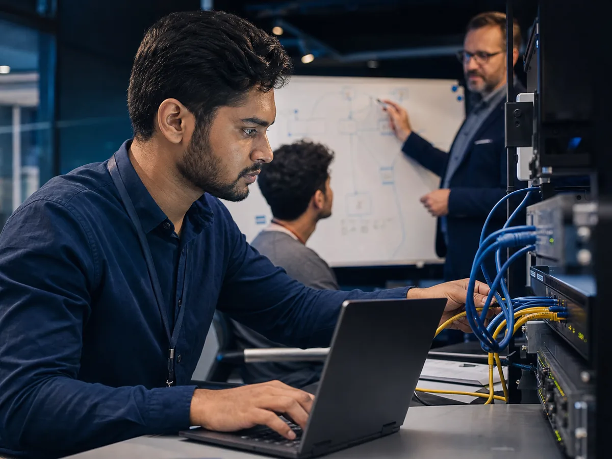 Network engineer configuring enterprise switches in a hands-on training lab with teammates collaborating behind him