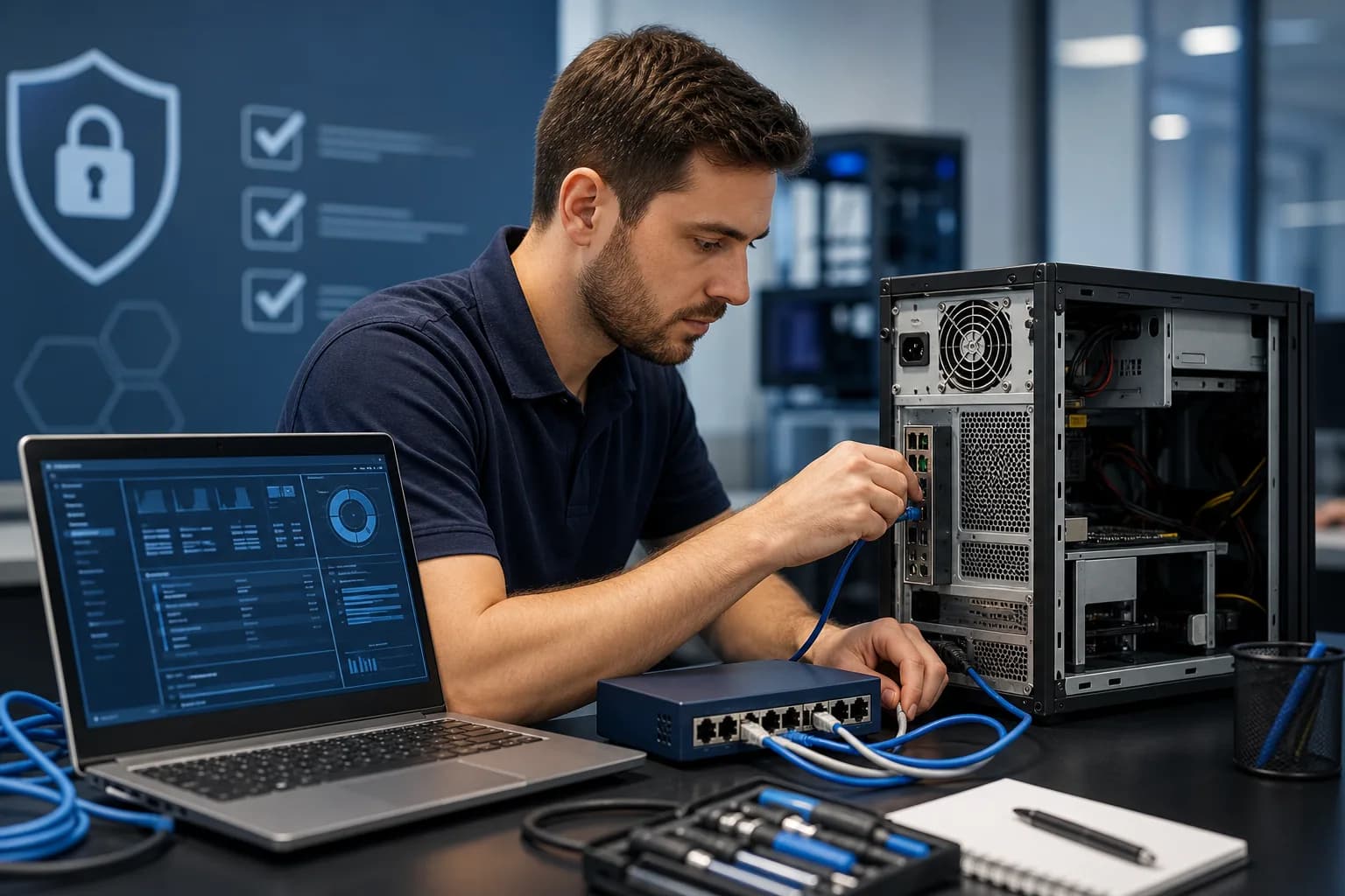 IT technician troubleshooting hardware in a hands-on training lab with teammates collaborating