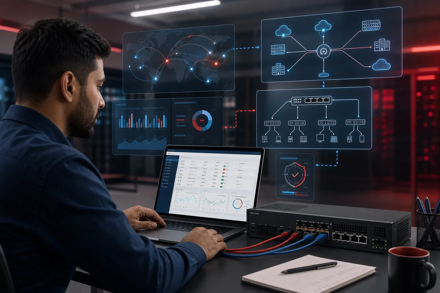 Security engineer practicing firewall administration in a hands-on virtual lab