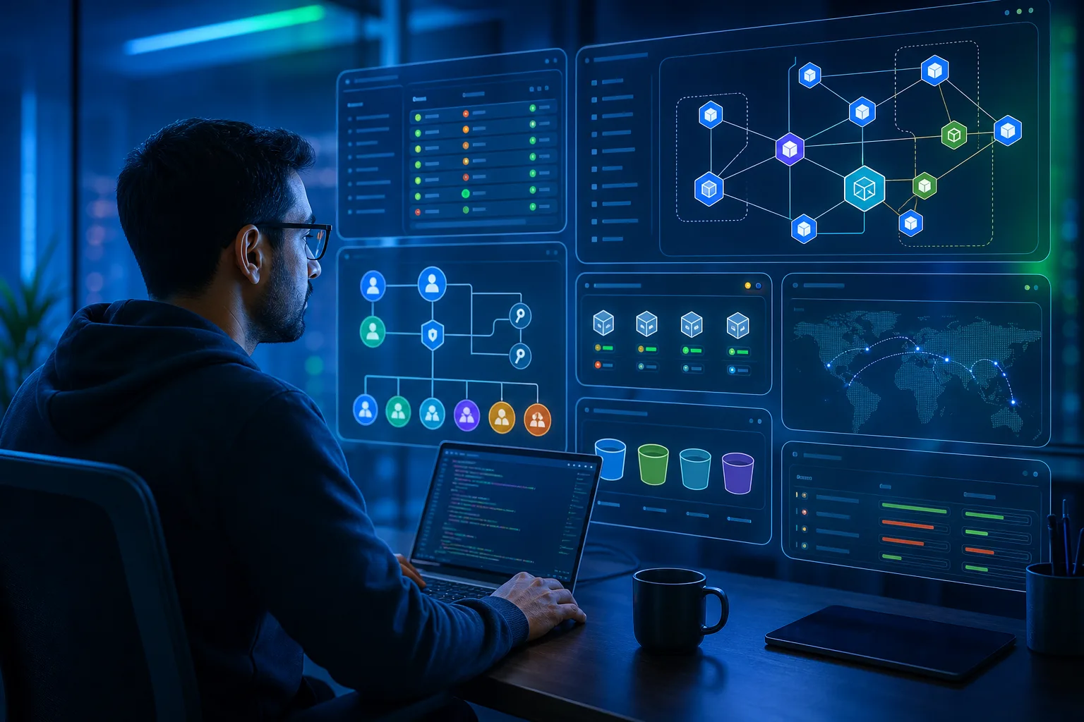 Cloud engineer practicing Google Cloud skills in a virtual lab with Kubernetes, IAM, networking, and storage diagrams