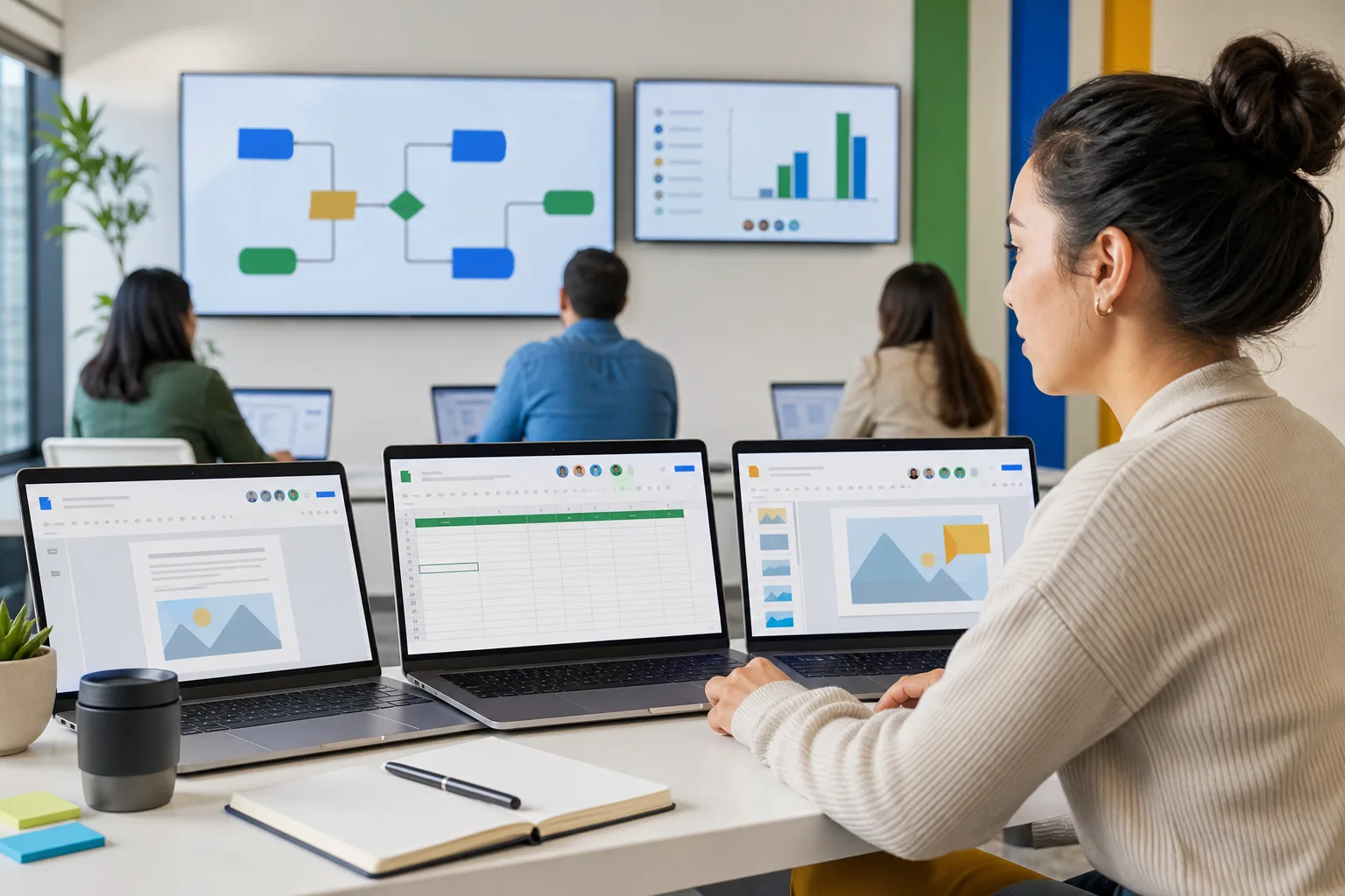 Productivity enablement specialist practicing document, spreadsheet, and slide workflows in a training lab