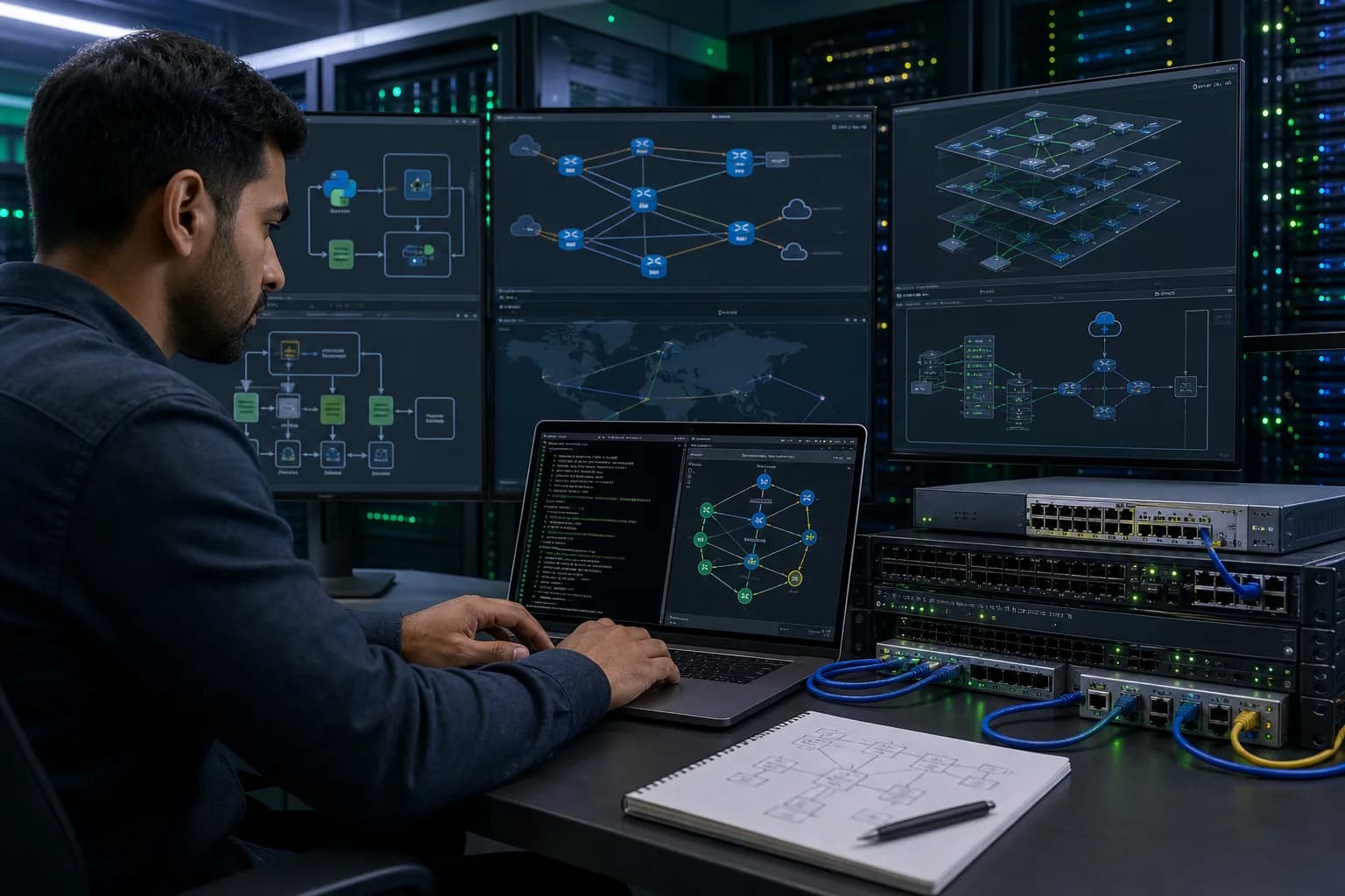 Network engineer practicing Junos routing and automation in a hands-on lab with topology diagrams