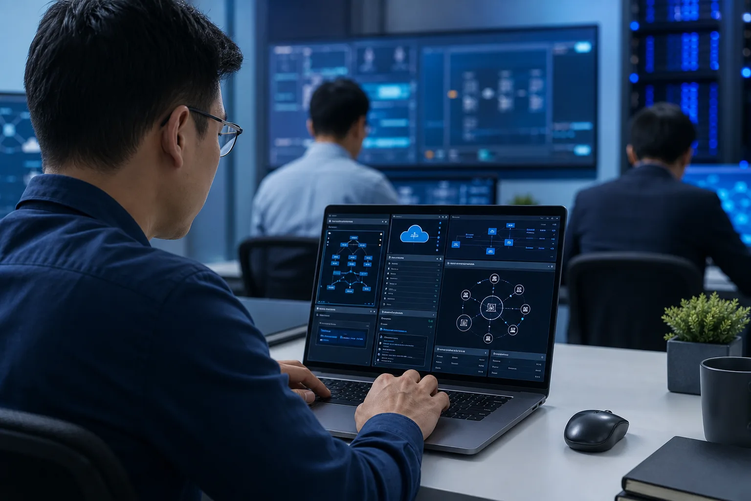 Engineer working in a hands-on virtual lab while teammates collaborate at adjacent workstations