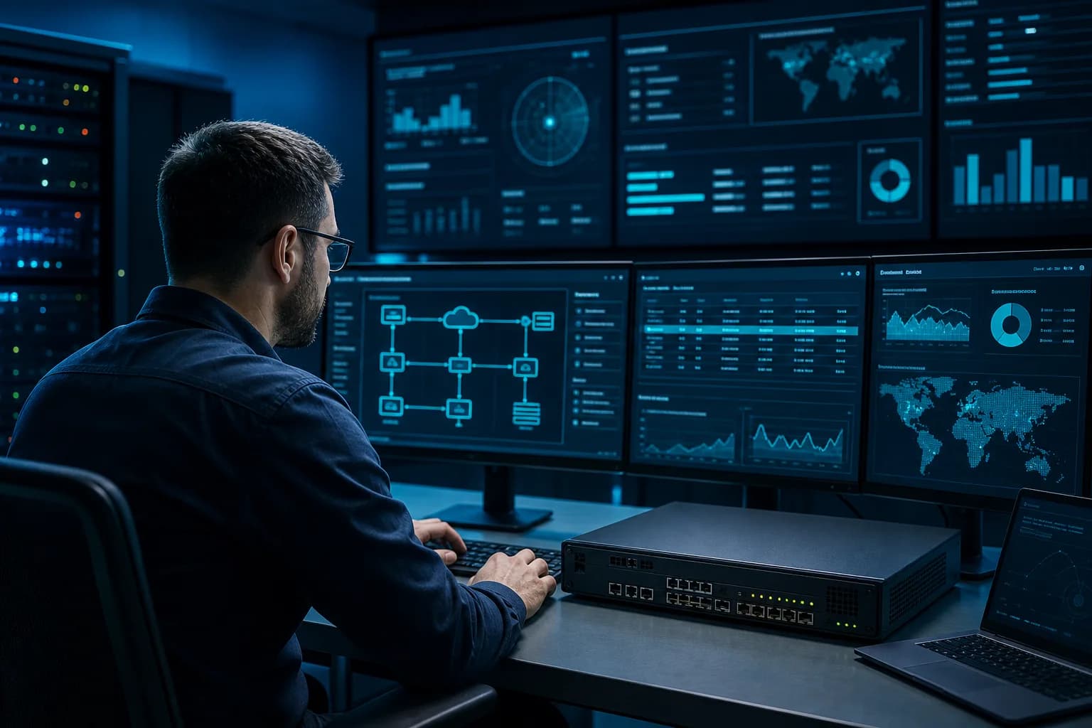 Network security engineer configuring a next-generation firewall in a virtual lab
