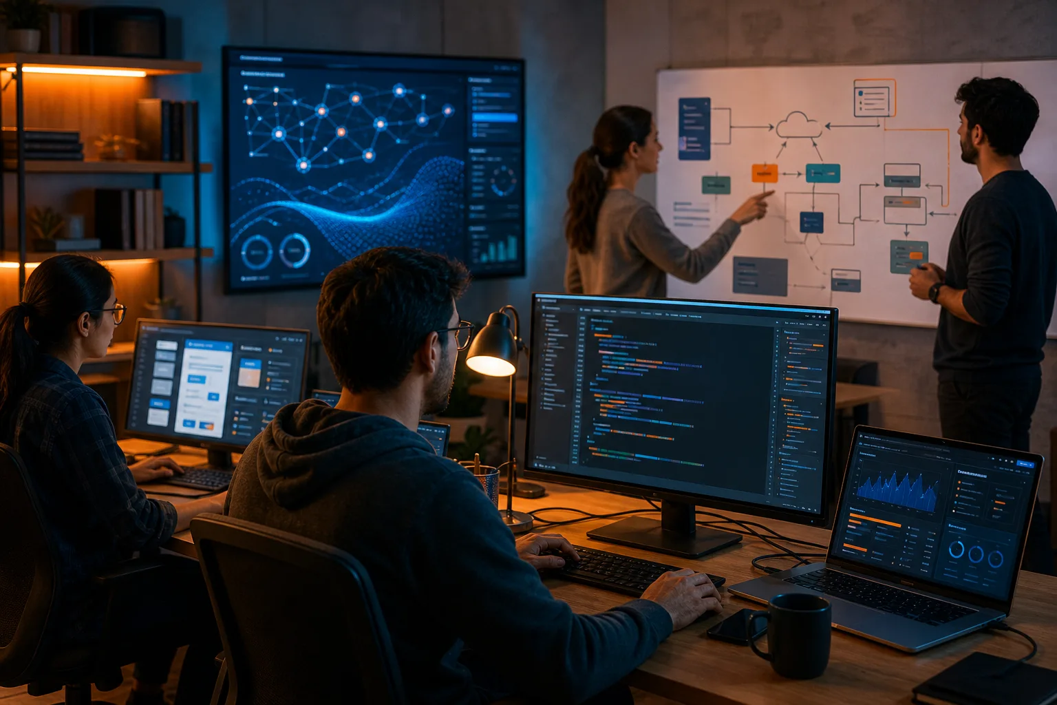Software developers practicing full-stack development in a lab with code and application architecture diagrams