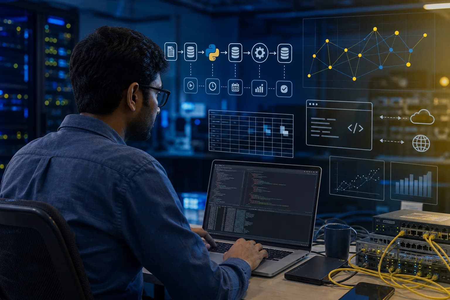 Engineer practicing Python automation in a lab with code, APIs, networking, and analytics diagrams