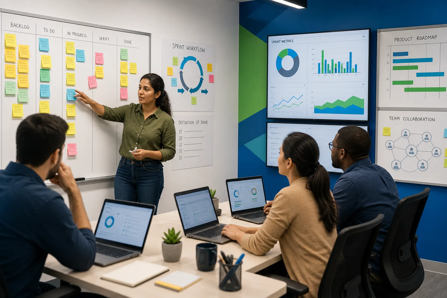 Scrum Master facilitating sprint planning with agile team members in a training room