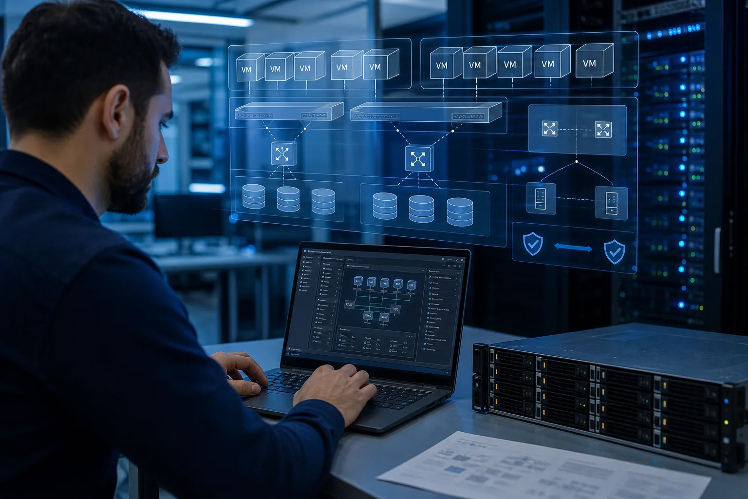 Virtualization engineer practicing vSphere and NSX skills in a data center lab