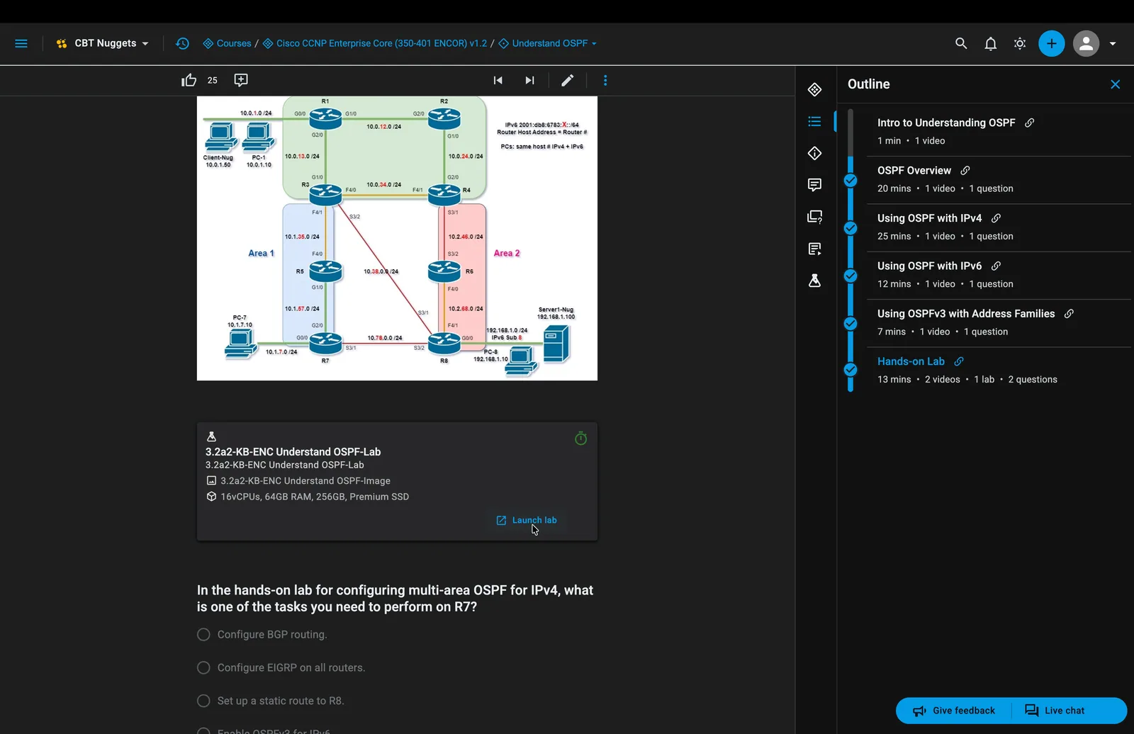 CBT Nuggets skill page showing the launch button for the ENCOR OSPF lab