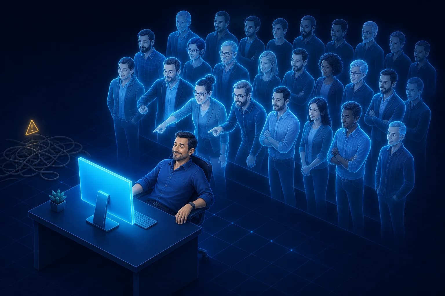 An IT professional leans back from a glowing monitor with a relieved smile while a translucent group of trainers stands behind the chair looking at the same screen, two of them pointing at the answer; a tangle of cables with a warning sign fades away beside the desk